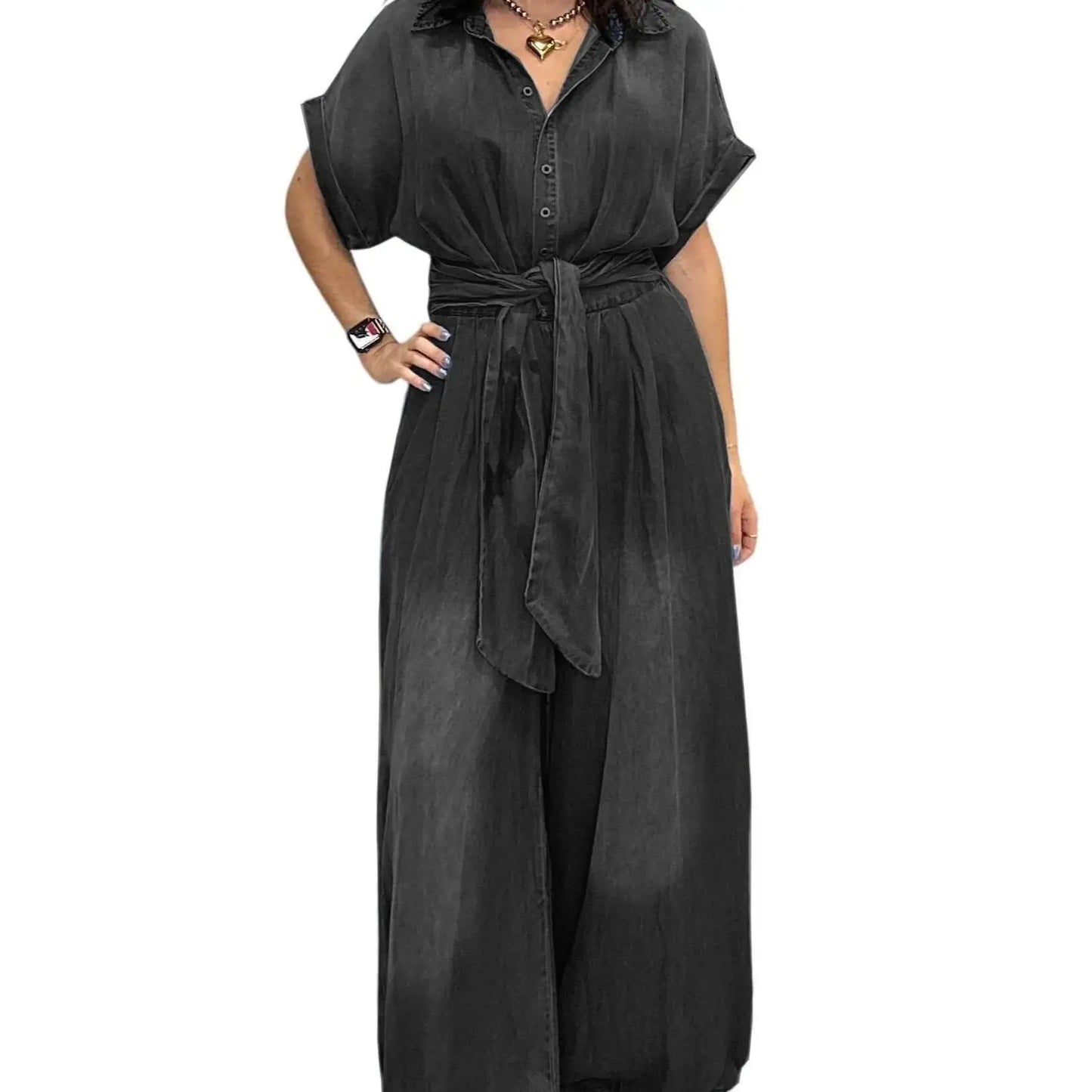 Midiross Casual Bat Sleeve Tie-Waist Tencel Denim Wide-Leg Jumpsuit
