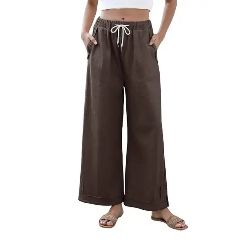 Tanming Women'S Casual Wide-Leg Palazzo Pants Loose Fit Drawstring Waist Elastic Fabric Pockets Side Slit Hem Design Perfect for Relaxed Comfort
