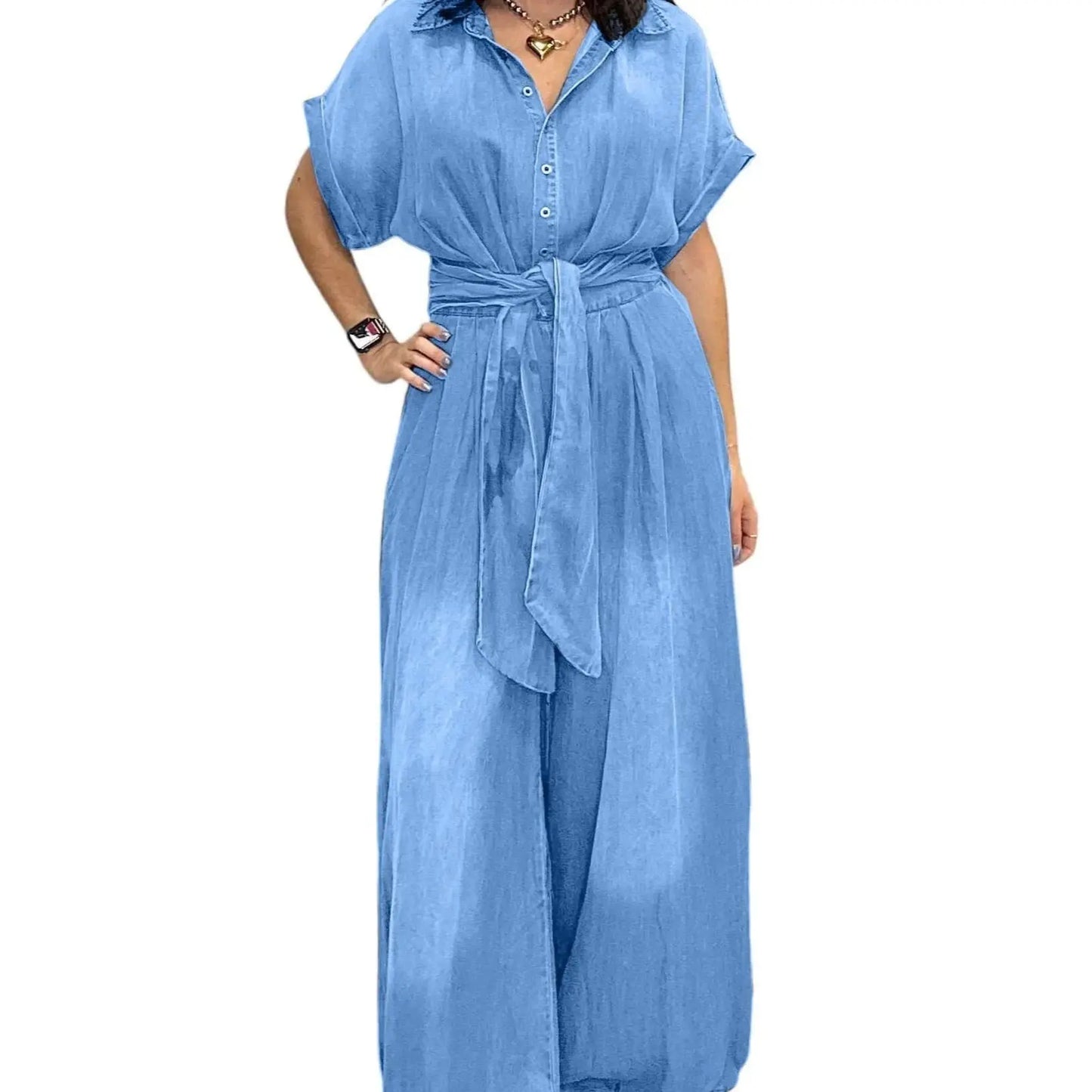 Midiross Casual Bat Sleeve Tie-Waist Tencel Denim Wide-Leg Jumpsuit