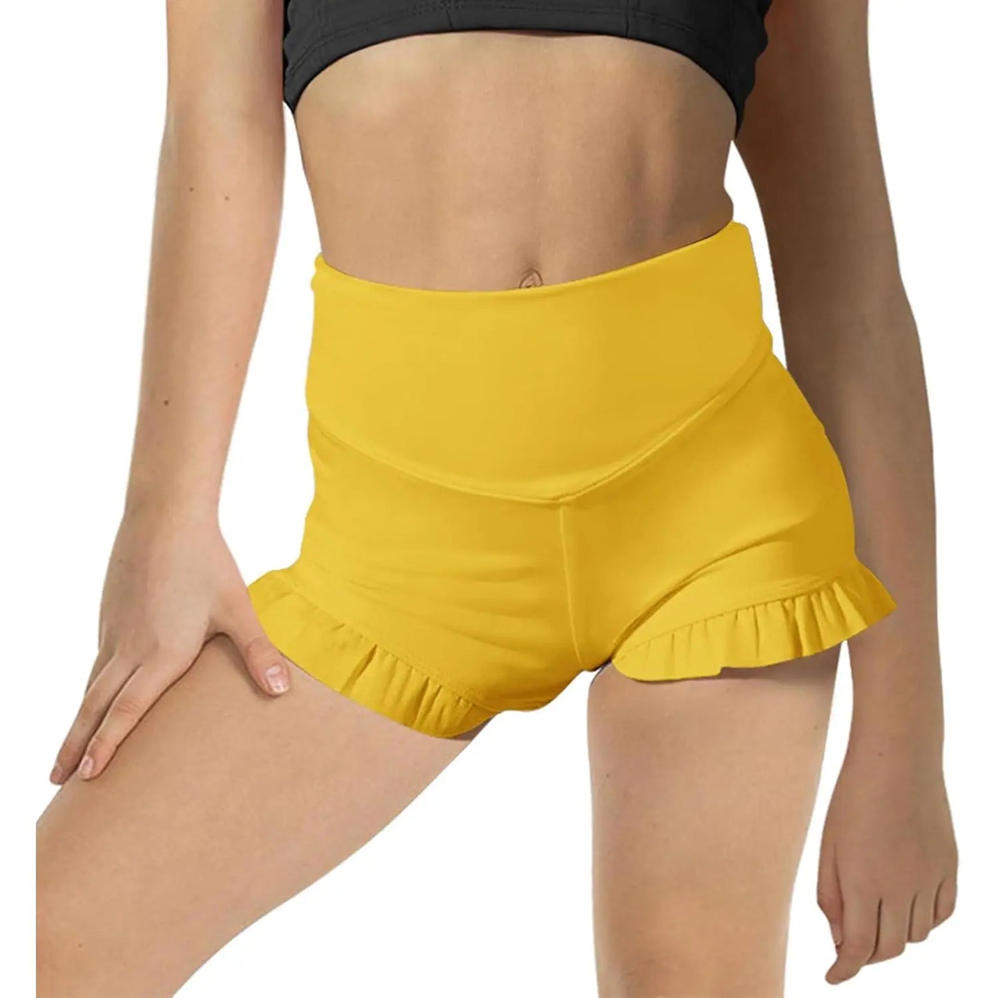 Girls Athletic High Waisted Ruffle Shorts - Comfy Yoga Dance Workout Gymnastics