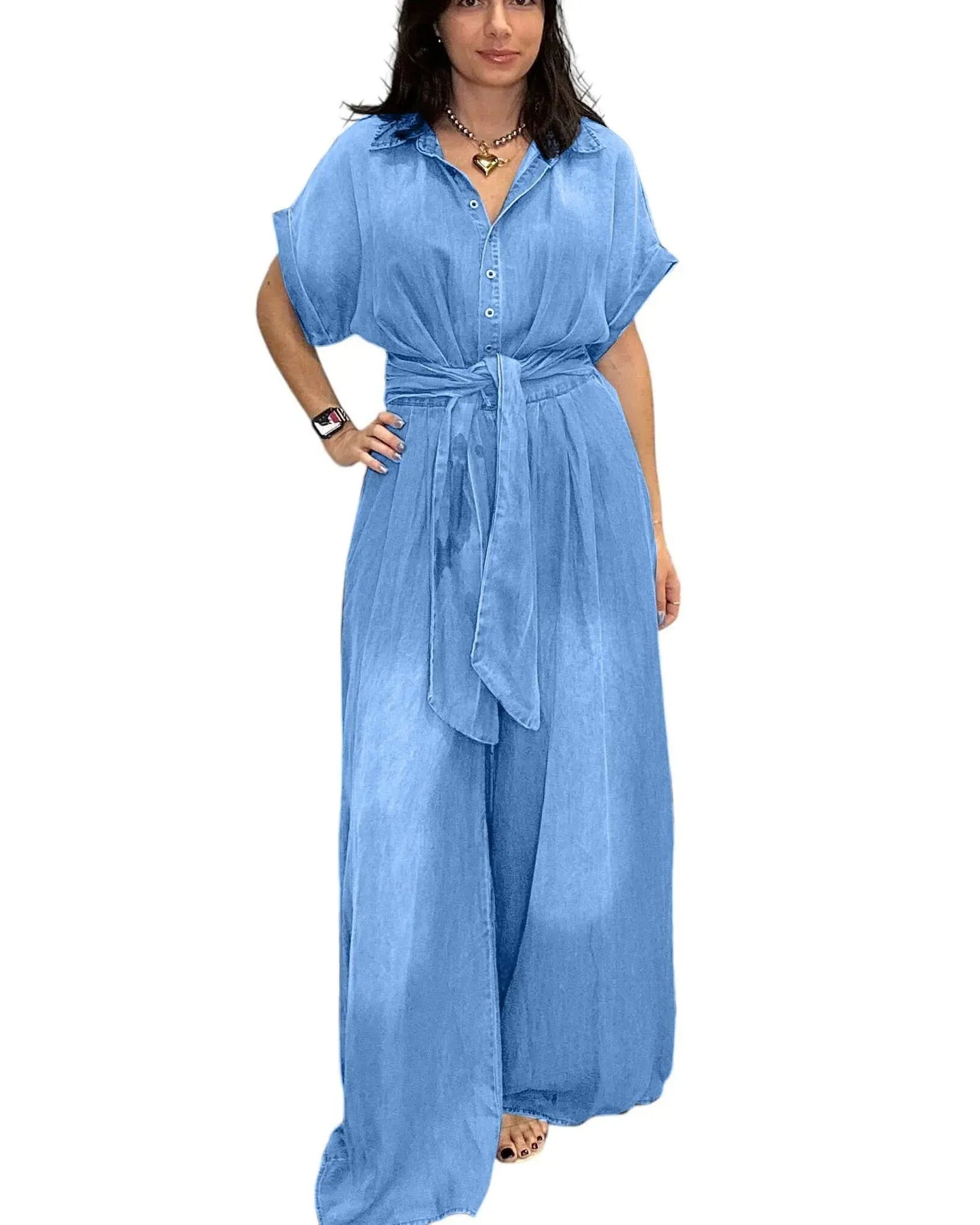 Midiross Casual Bat Sleeve Tie-Waist Tencel Denim Wide-Leg Jumpsuit