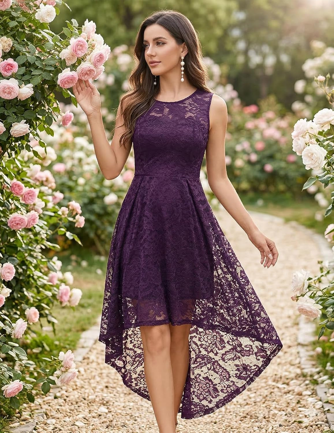Wedding Guest Dress for Women Sleeveless Tank Strap Floral Lace Hi-Lo Cocktail Dresses for Evening Party