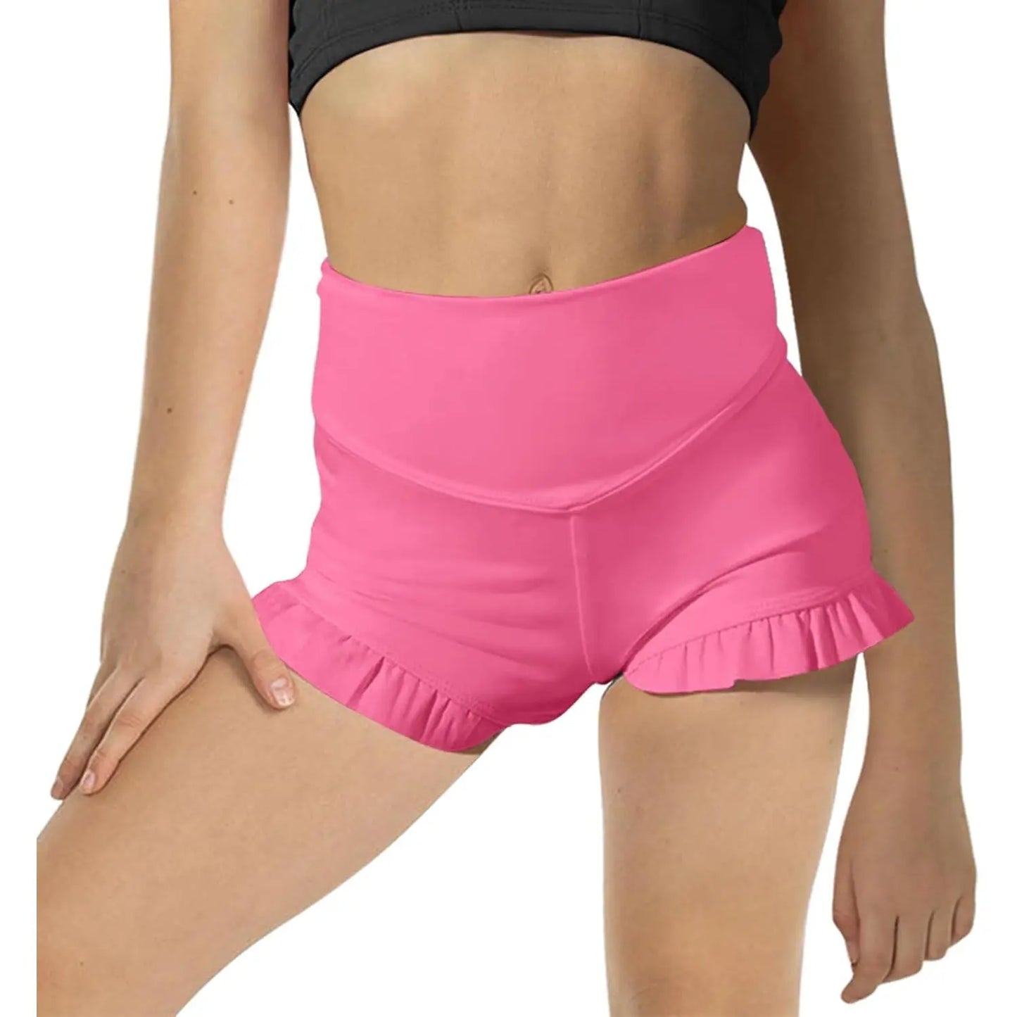 Girls Athletic High Waisted Ruffle Shorts - Comfy Yoga Dance Workout Gymnastics
