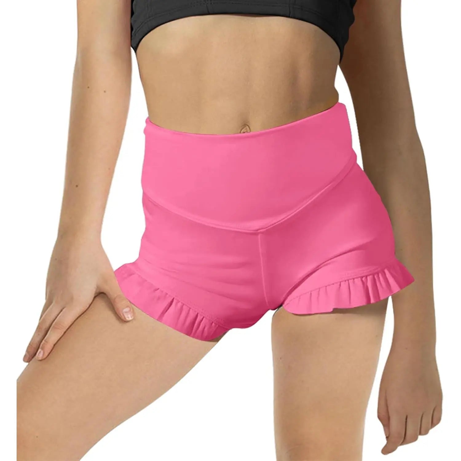 Girls Athletic High Waisted Ruffle Shorts - Comfy Yoga Dance Workout Gymnastics