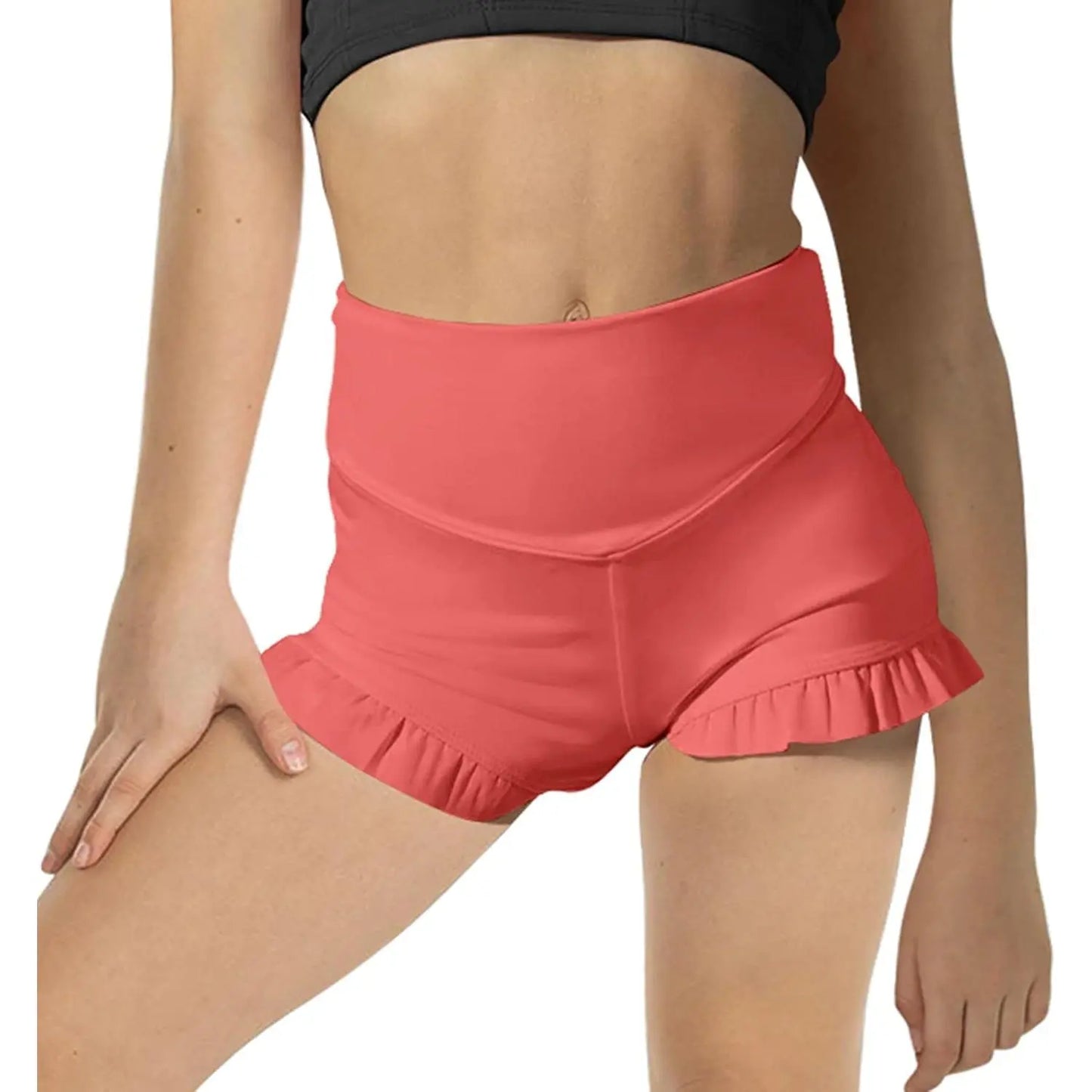 Girls Athletic High Waisted Ruffle Shorts - Comfy Yoga Dance Workout Gymnastics