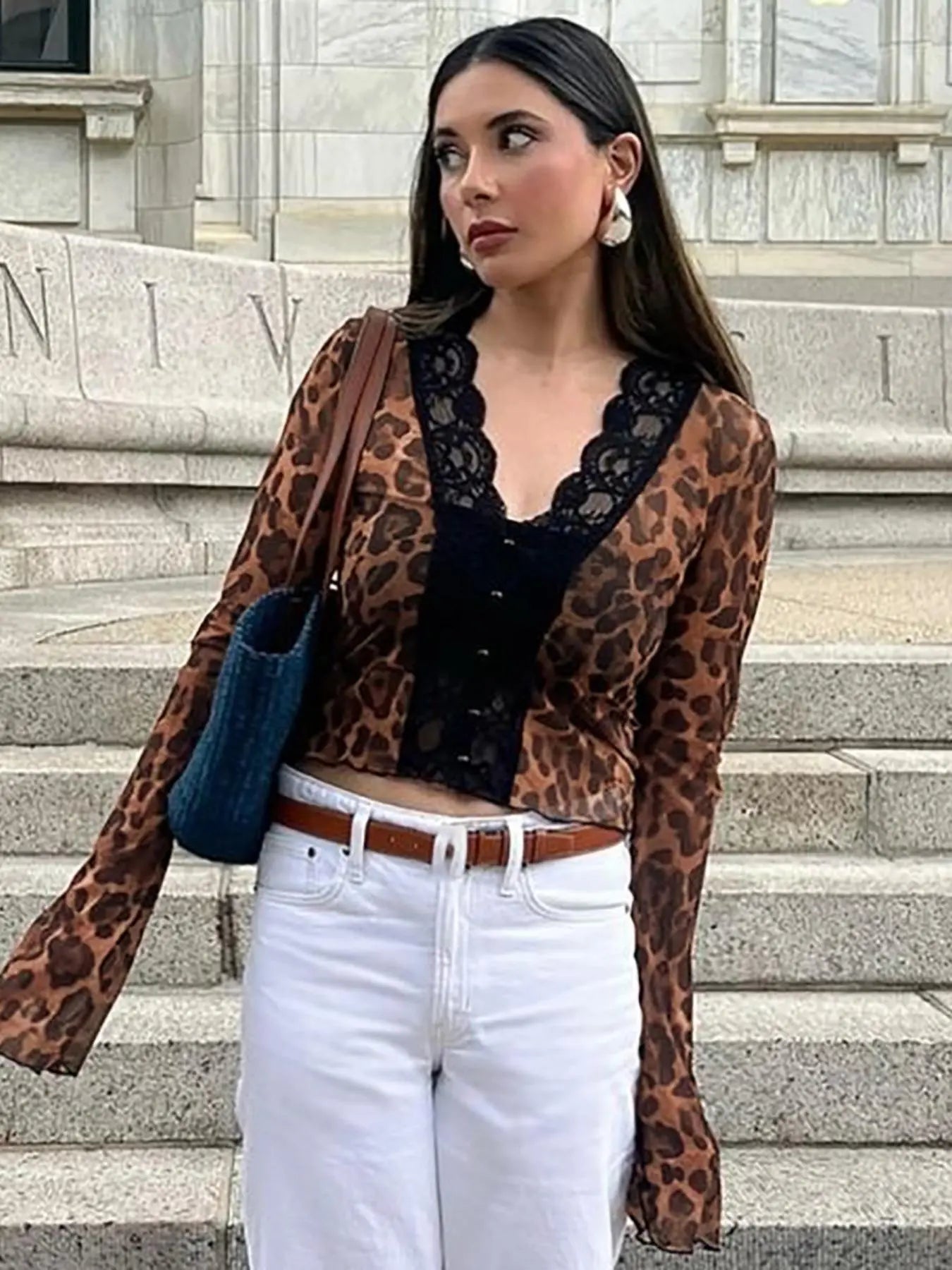 Leopard Print Mesh See-Through Long Sleeve T-Shirt, Streetwear Casual Chic Elegant Fitted Crop Top for Women