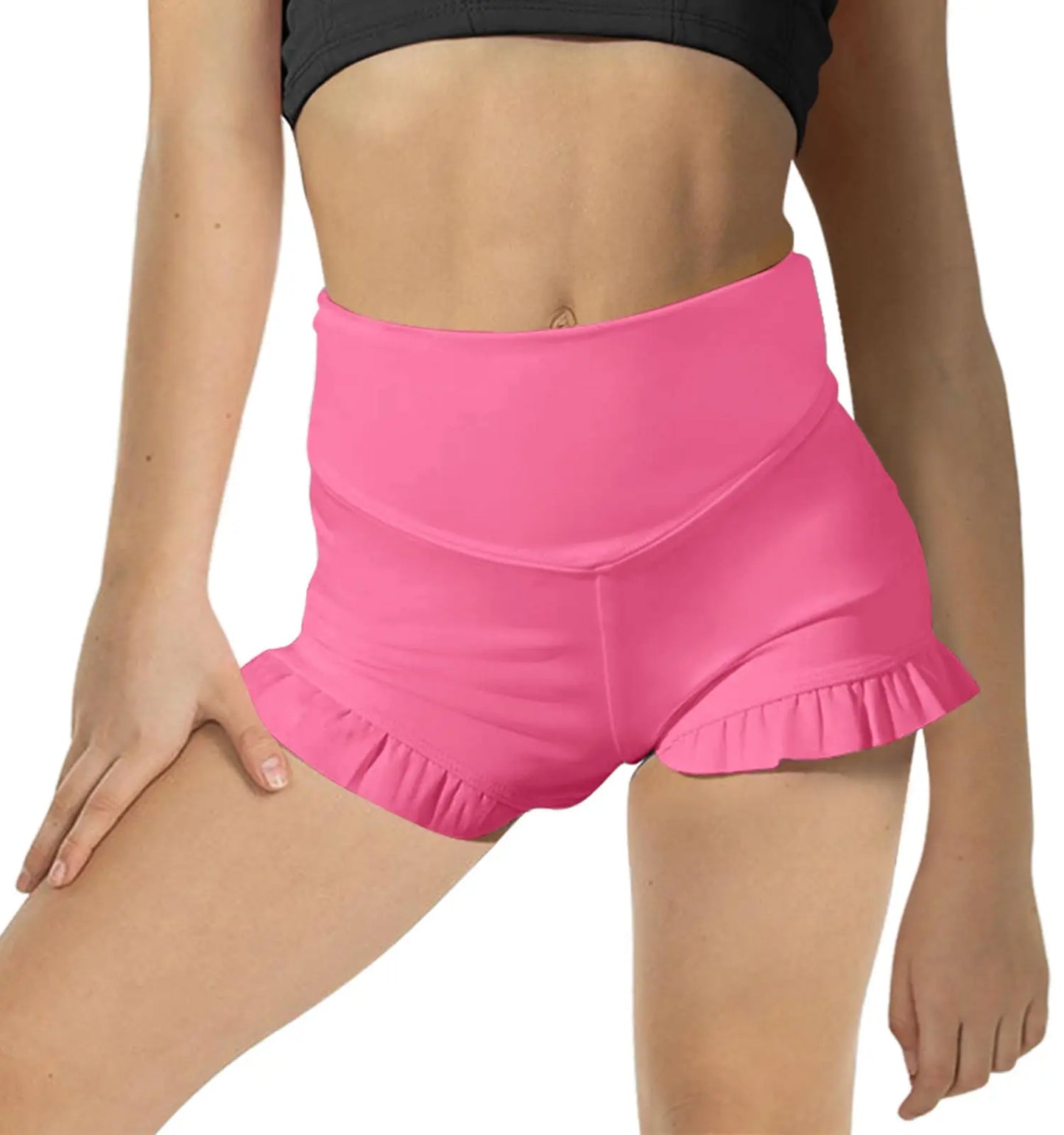 Girls Athletic High Waisted Ruffle Shorts - Comfy Yoga Dance Workout Gymnastics