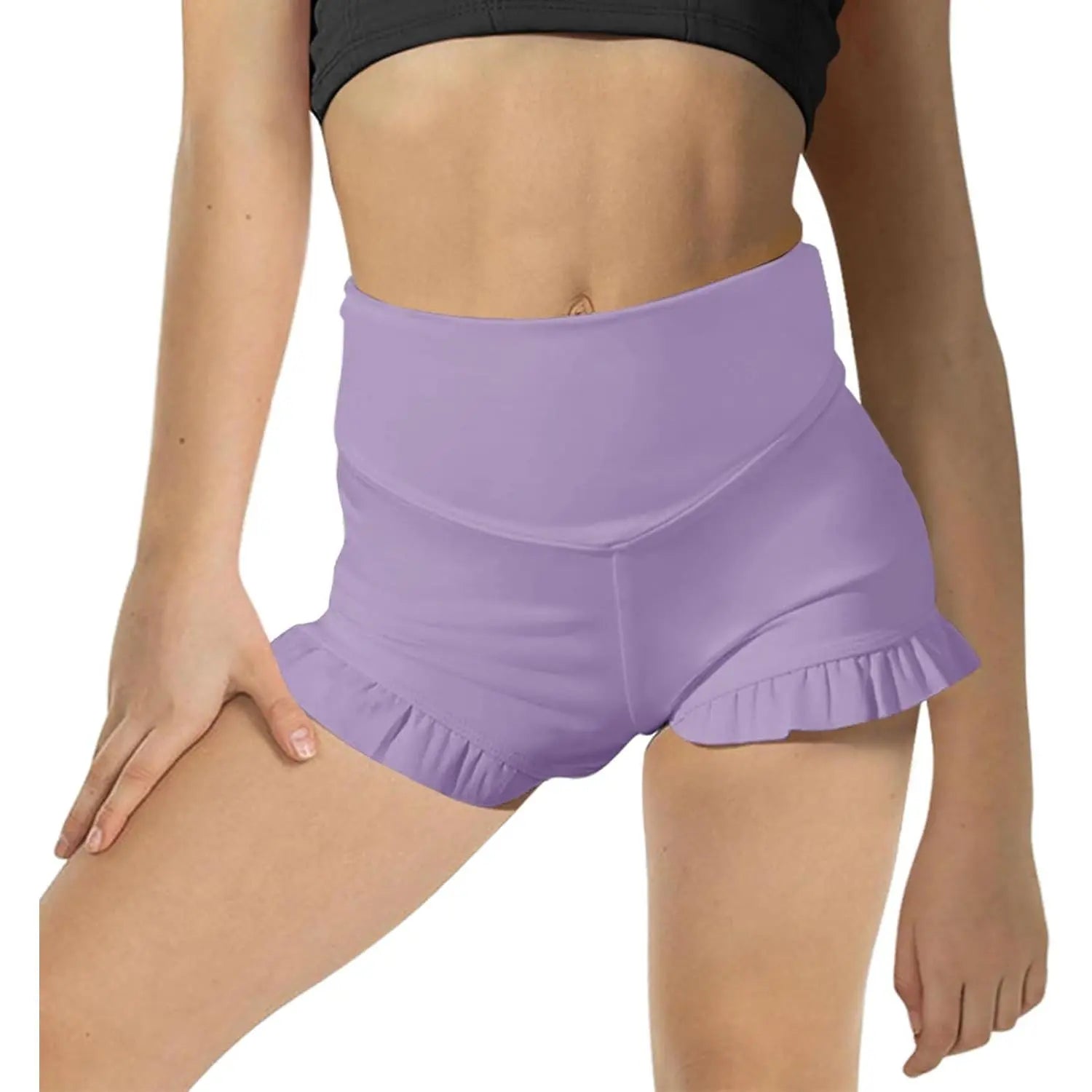 Girls Athletic High Waisted Ruffle Shorts - Comfy Yoga Dance Workout Gymnastics