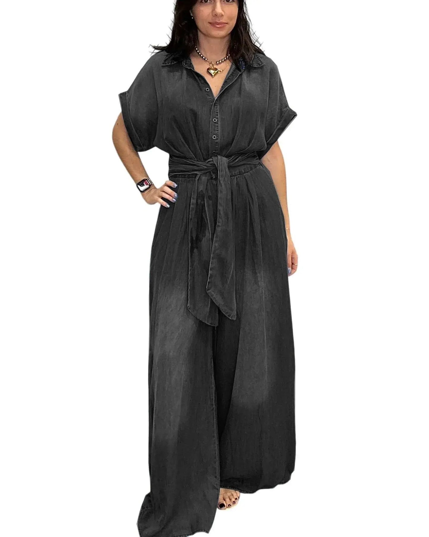 Midiross Casual Bat Sleeve Tie-Waist Tencel Denim Wide-Leg Jumpsuit