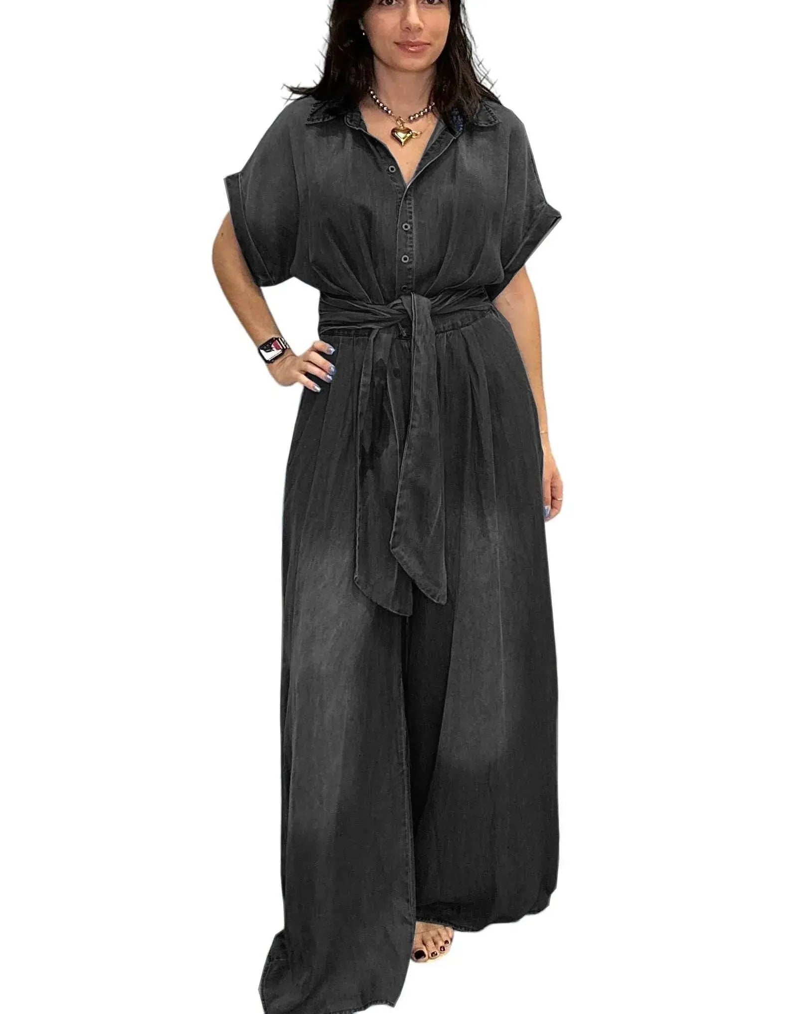 Midiross Casual Bat Sleeve Tie-Waist Tencel Denim Wide-Leg Jumpsuit