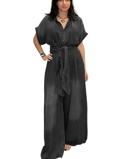 Midiross Casual Bat Sleeve Tie-Waist Tencel Denim Wide-Leg Jumpsuit