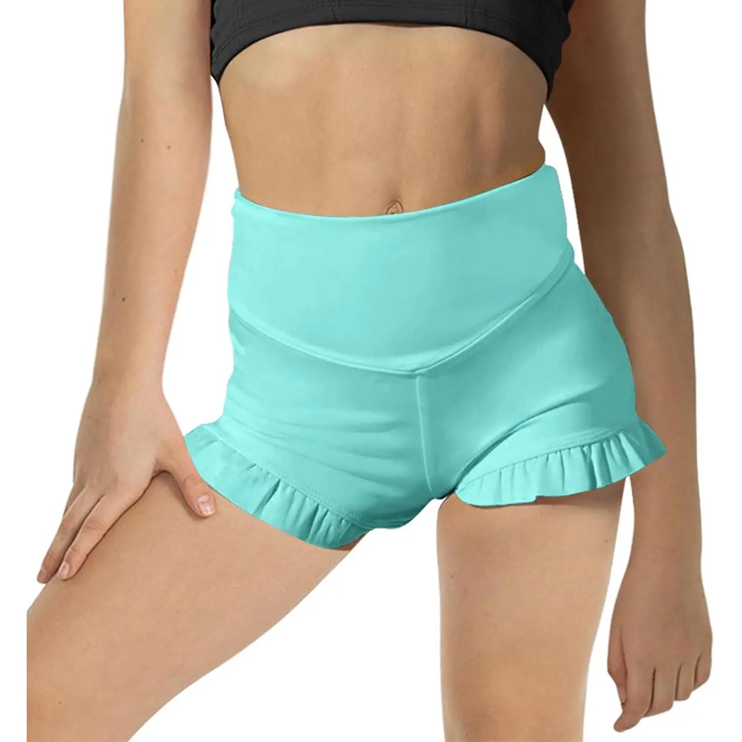 Girls Athletic High Waisted Ruffle Shorts - Comfy Yoga Dance Workout Gymnastics