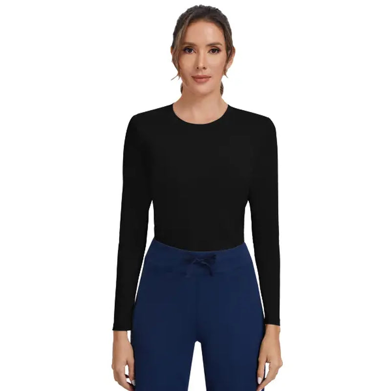 Women'S Long Sleeve Shirts Basic Crop Sports Tops Sun Protection Stretch Workout Top Crew Neck Slim Stretchy