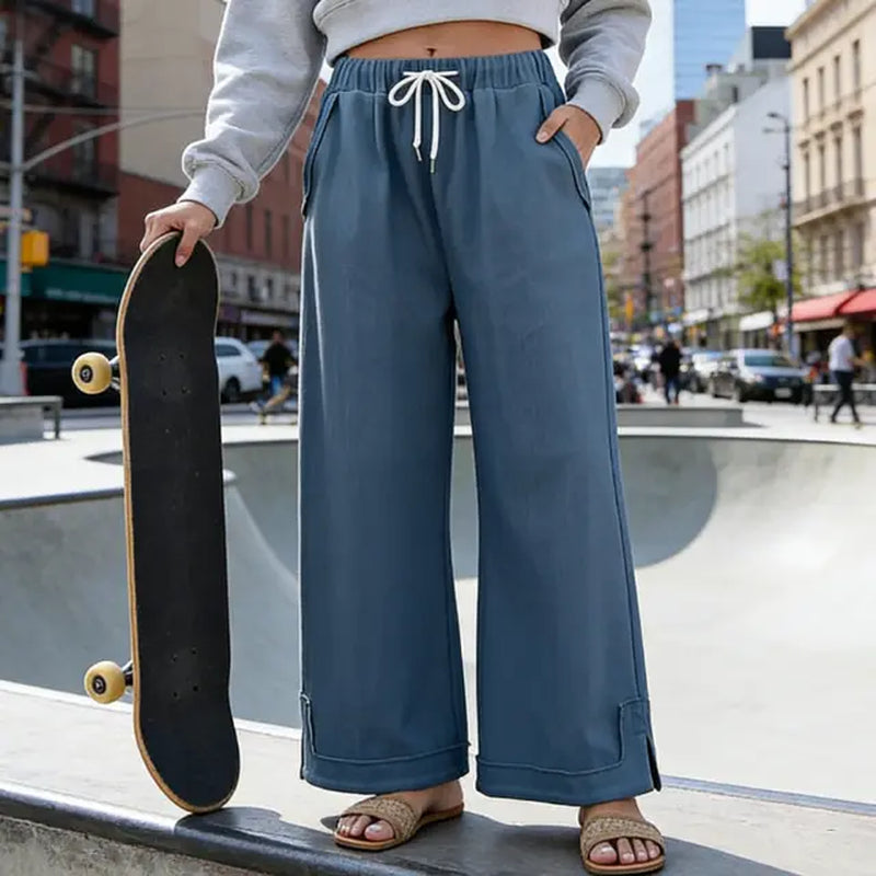 Tanming Women'S Casual Wide-Leg Palazzo Pants Loose Fit Drawstring Waist Elastic Fabric Pockets Side Slit Hem Design Perfect for Relaxed Comfort