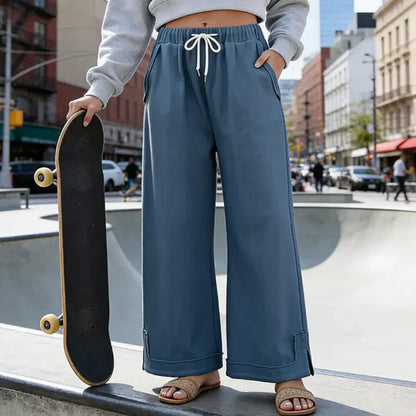 Tanming Women'S Casual Wide-Leg Palazzo Pants Loose Fit Drawstring Waist Elastic Fabric Pockets Side Slit Hem Design Perfect for Relaxed Comfort
