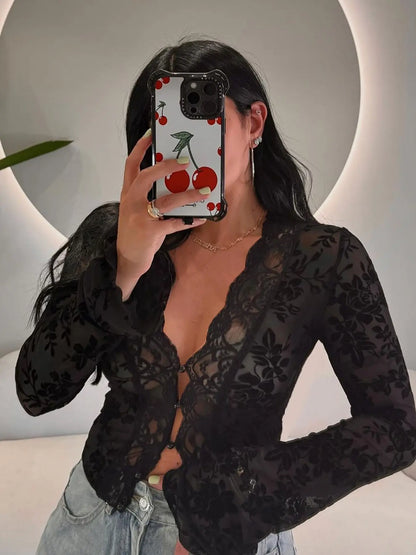 Leopard Print Mesh See-Through Long Sleeve T-Shirt, Streetwear Casual Chic Elegant Fitted Crop Top for Women