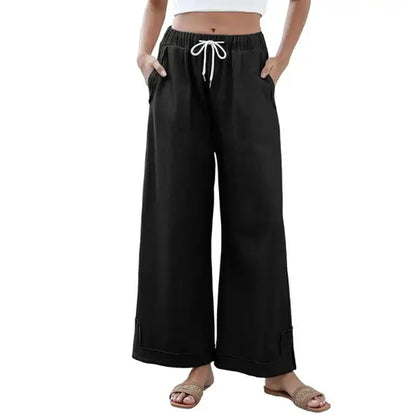 Tanming Women'S Casual Wide-Leg Palazzo Pants Loose Fit Drawstring Waist Elastic Fabric Pockets Side Slit Hem Design Perfect for Relaxed Comfort