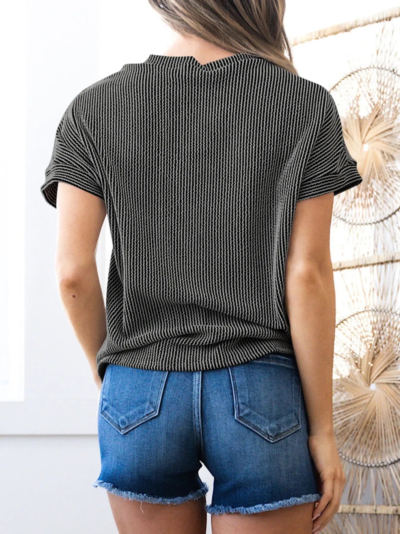 Summer Women'S Solid Color Twisted Rib Knit Texture Contrast Pocket Casual round Neck T-Shirt, Stylish & Comfortable Daily Wear