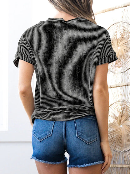 Summer Women'S Solid Color Twisted Rib Knit Texture Contrast Pocket Casual round Neck T-Shirt, Stylish & Comfortable Daily Wear