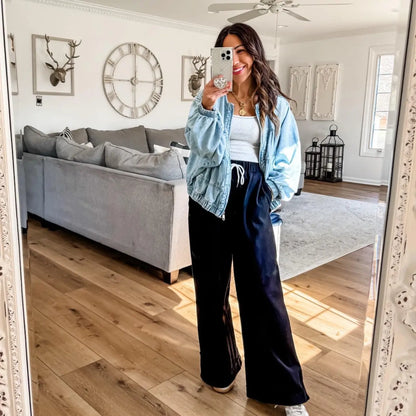 Tanming Women'S Casual Wide-Leg Palazzo Pants Loose Fit Drawstring Waist Elastic Fabric Pockets Side Slit Hem Design Perfect for Relaxed Comfort