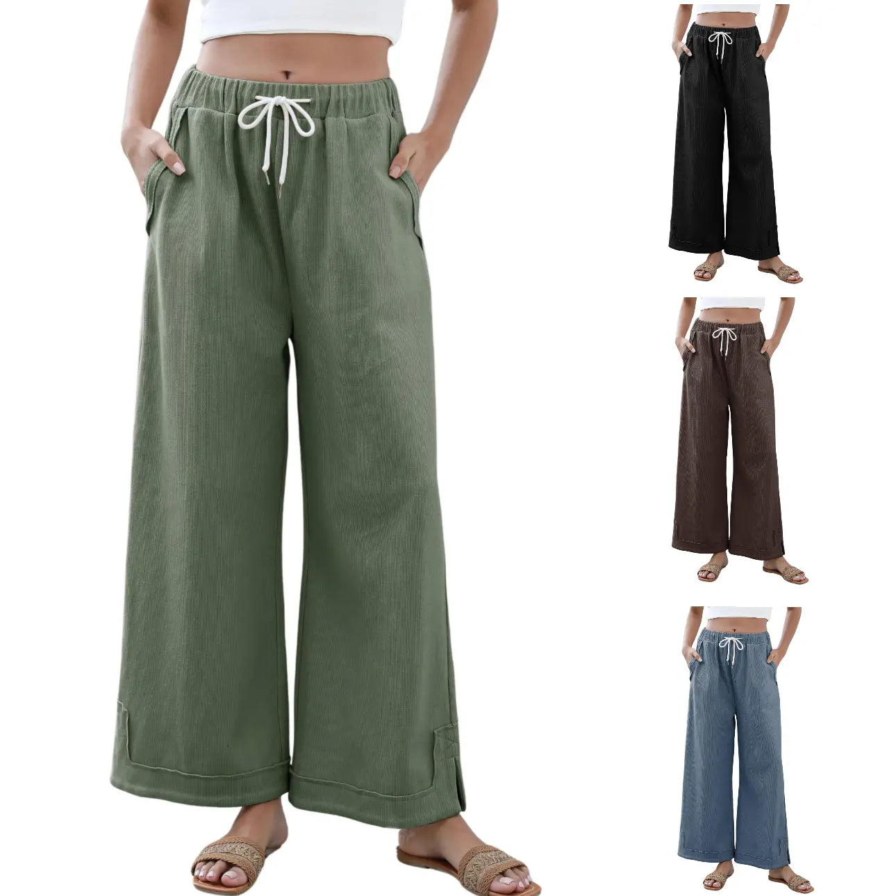 Tanming Women'S Casual Wide-Leg Palazzo Pants Loose Fit Drawstring Waist Elastic Fabric Pockets Side Slit Hem Design Perfect for Relaxed Comfort