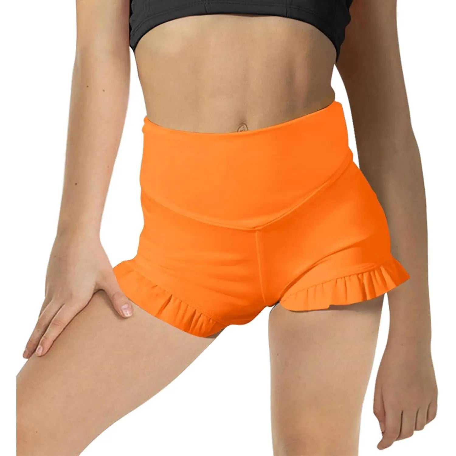 Girls Athletic High Waisted Ruffle Shorts - Comfy Yoga Dance Workout Gymnastics