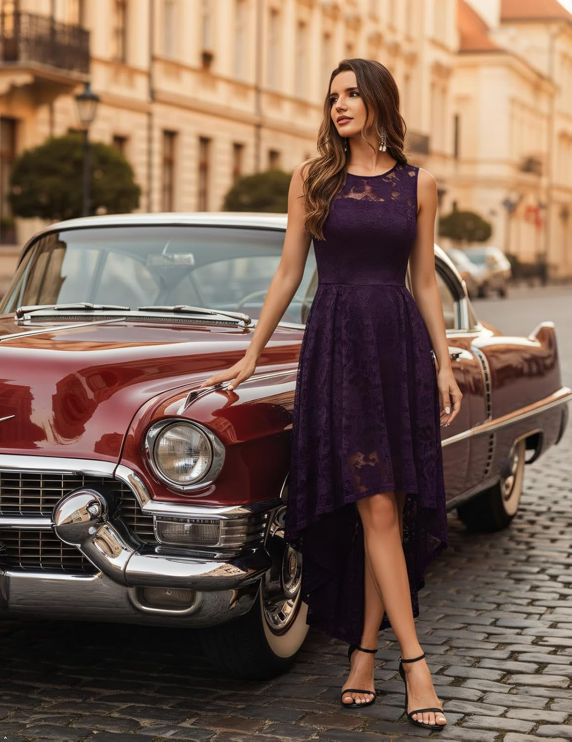 Wedding Guest Dress for Women Sleeveless Tank Strap Floral Lace Hi-Lo Cocktail Dresses for Evening Party
