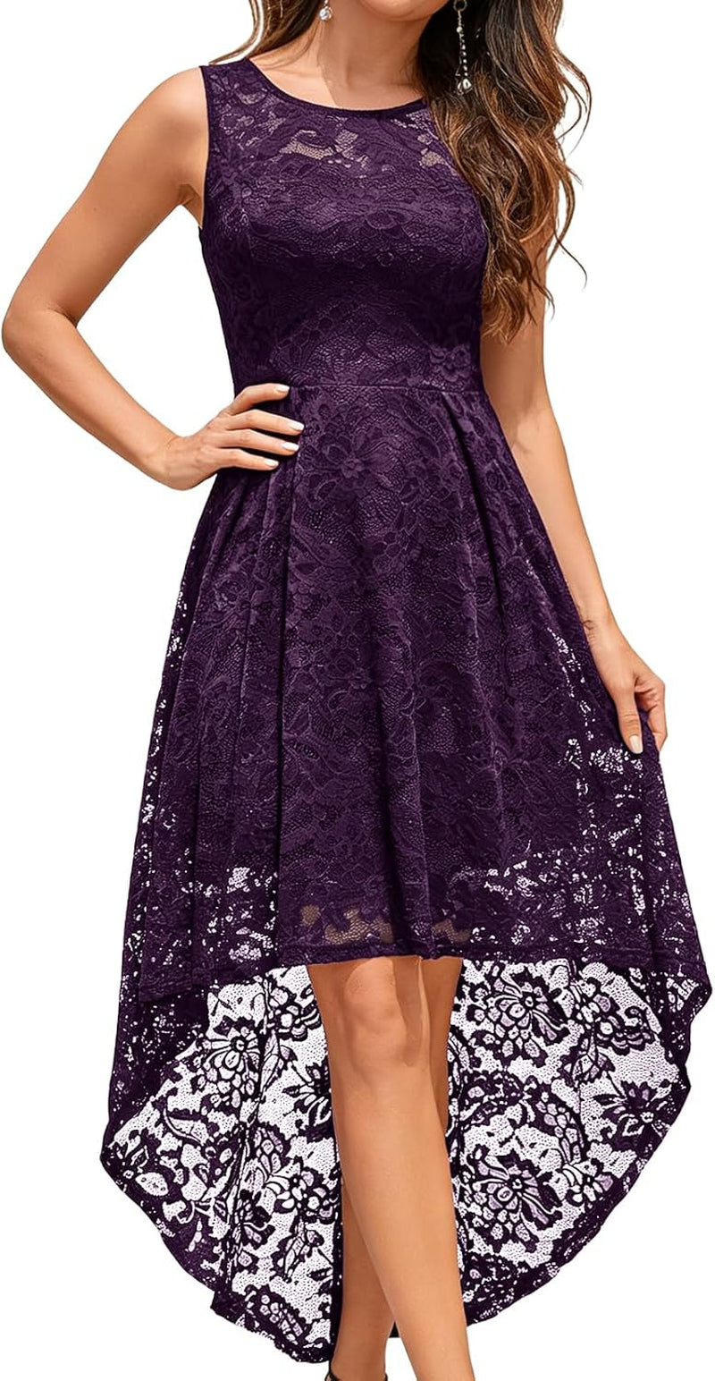 Wedding Guest Dress for Women Sleeveless Tank Strap Floral Lace Hi-Lo Cocktail Dresses for Evening Party