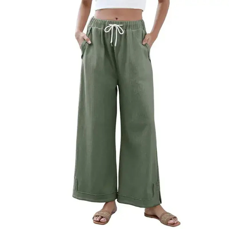Tanming Women'S Casual Wide-Leg Palazzo Pants Loose Fit Drawstring Waist Elastic Fabric Pockets Side Slit Hem Design Perfect for Relaxed Comfort