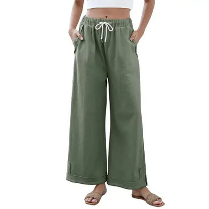Tanming Women'S Casual Wide-Leg Palazzo Pants Loose Fit Drawstring Waist Elastic Fabric Pockets Side Slit Hem Design Perfect for Relaxed Comfort