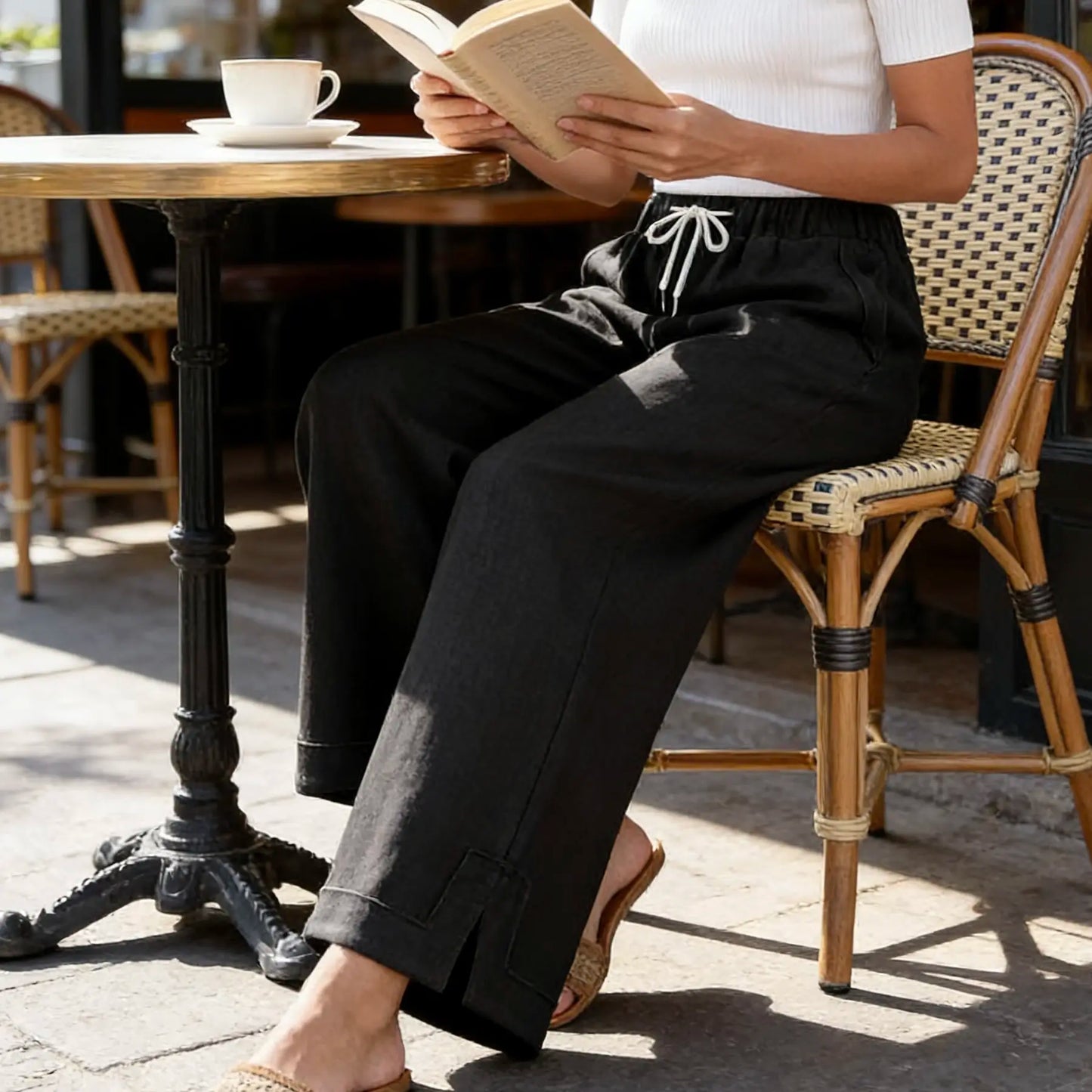 Tanming Women'S Casual Wide-Leg Palazzo Pants Loose Fit Drawstring Waist Elastic Fabric Pockets Side Slit Hem Design Perfect for Relaxed Comfort