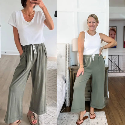Tanming Women'S Casual Wide-Leg Palazzo Pants Loose Fit Drawstring Waist Elastic Fabric Pockets Side Slit Hem Design Perfect for Relaxed Comfort