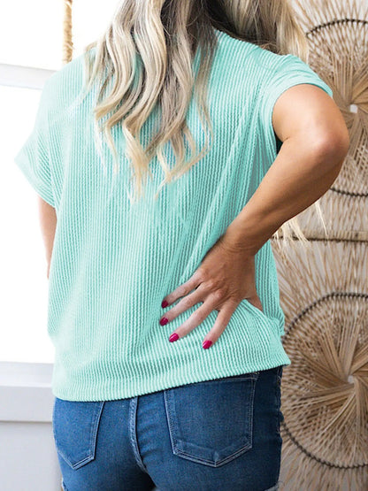 Summer Women'S Solid Color Twisted Rib Knit Texture Contrast Pocket Casual round Neck T-Shirt, Stylish & Comfortable Daily Wear