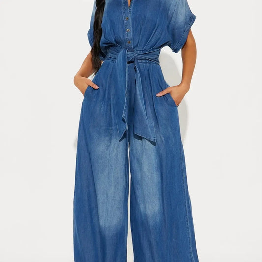 Midiross Casual Bat Sleeve Tie-Waist Tencel Denim Wide-Leg Jumpsuit