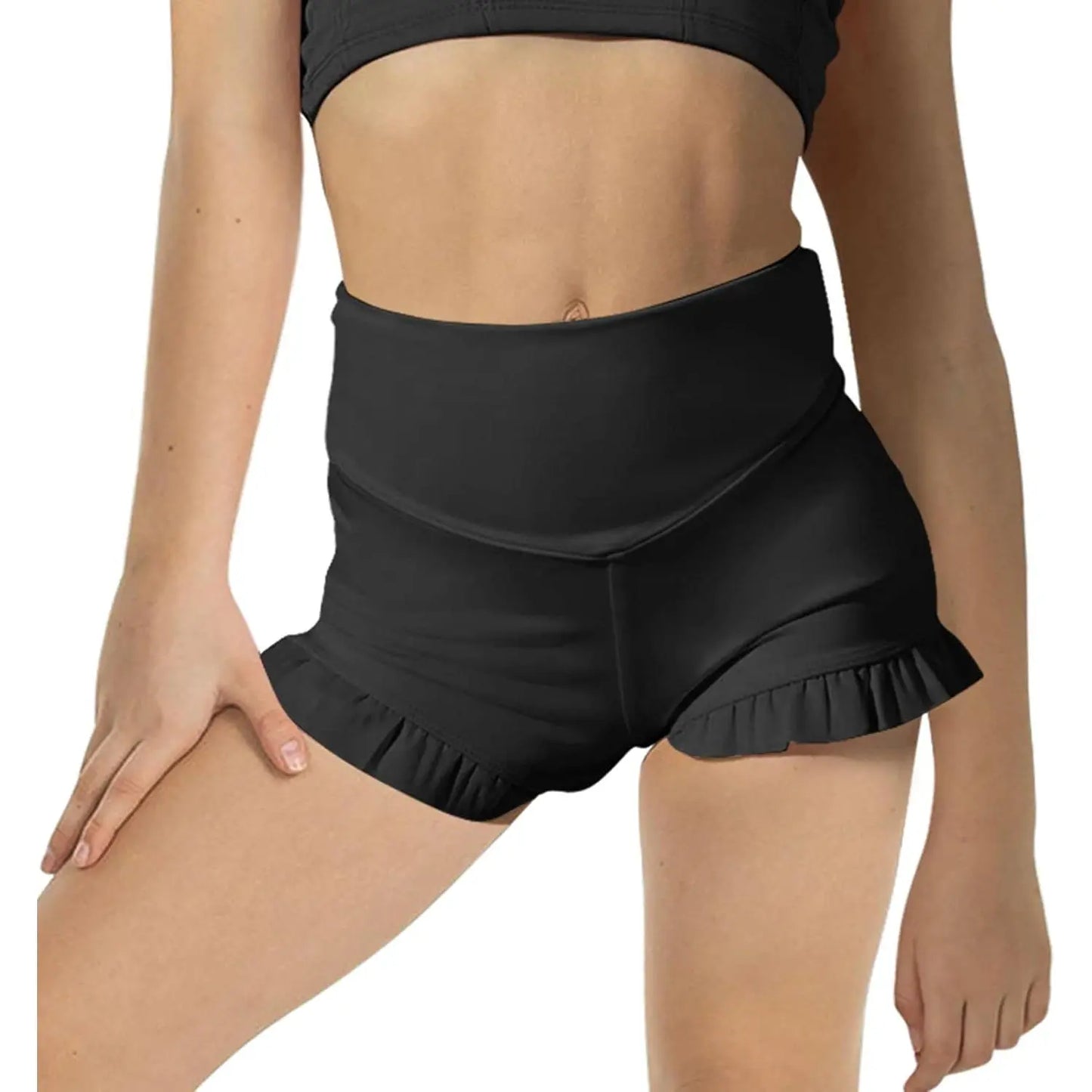 Girls Athletic High Waisted Ruffle Shorts - Comfy Yoga Dance Workout Gymnastics