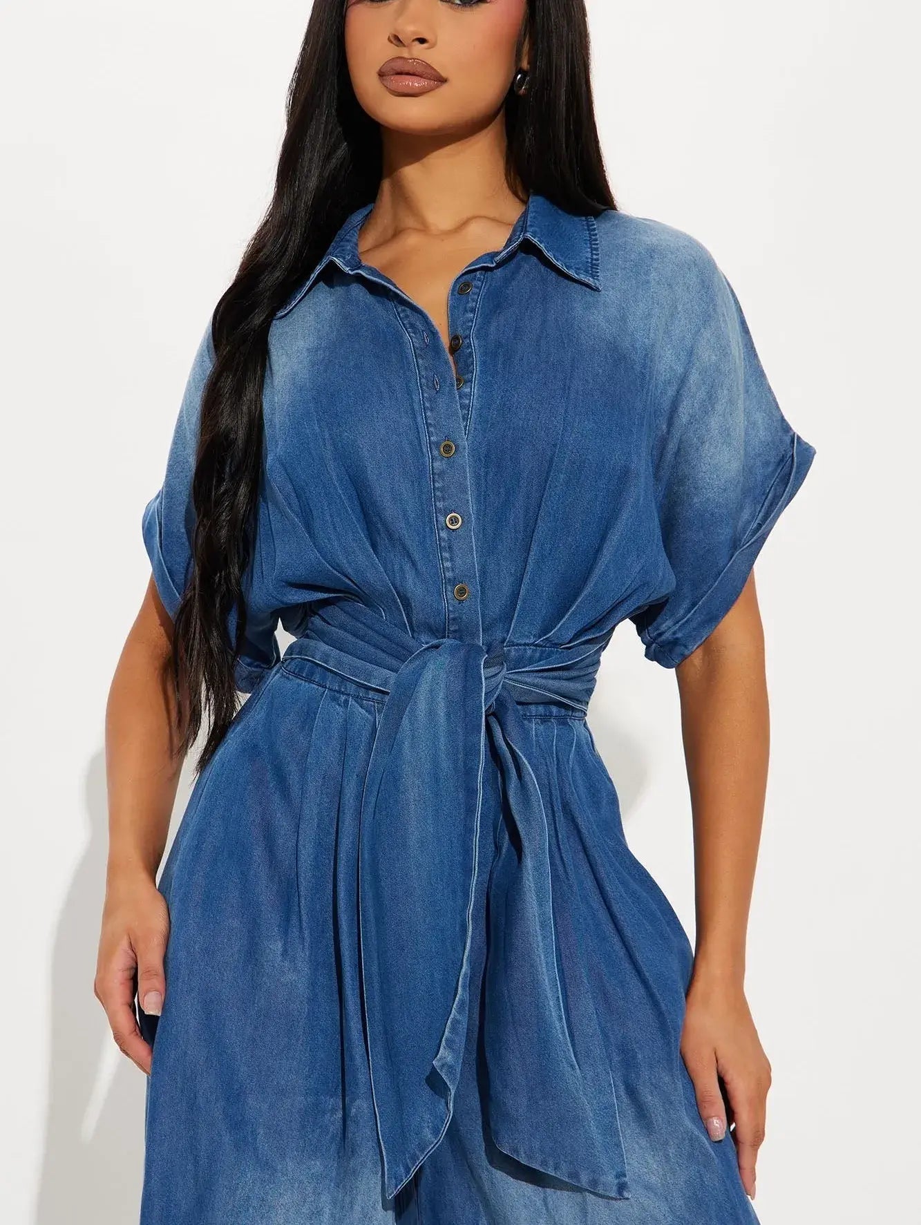 Midiross Casual Bat Sleeve Tie-Waist Tencel Denim Wide-Leg Jumpsuit