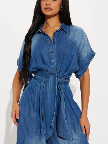 Midiross Casual Bat Sleeve Tie-Waist Tencel Denim Wide-Leg Jumpsuit