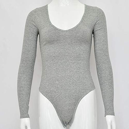 Womens Sexy V Neck Bodysuit Basic Ribbed Long Sleeve Jumpsuits Tops for Women Fall Tops