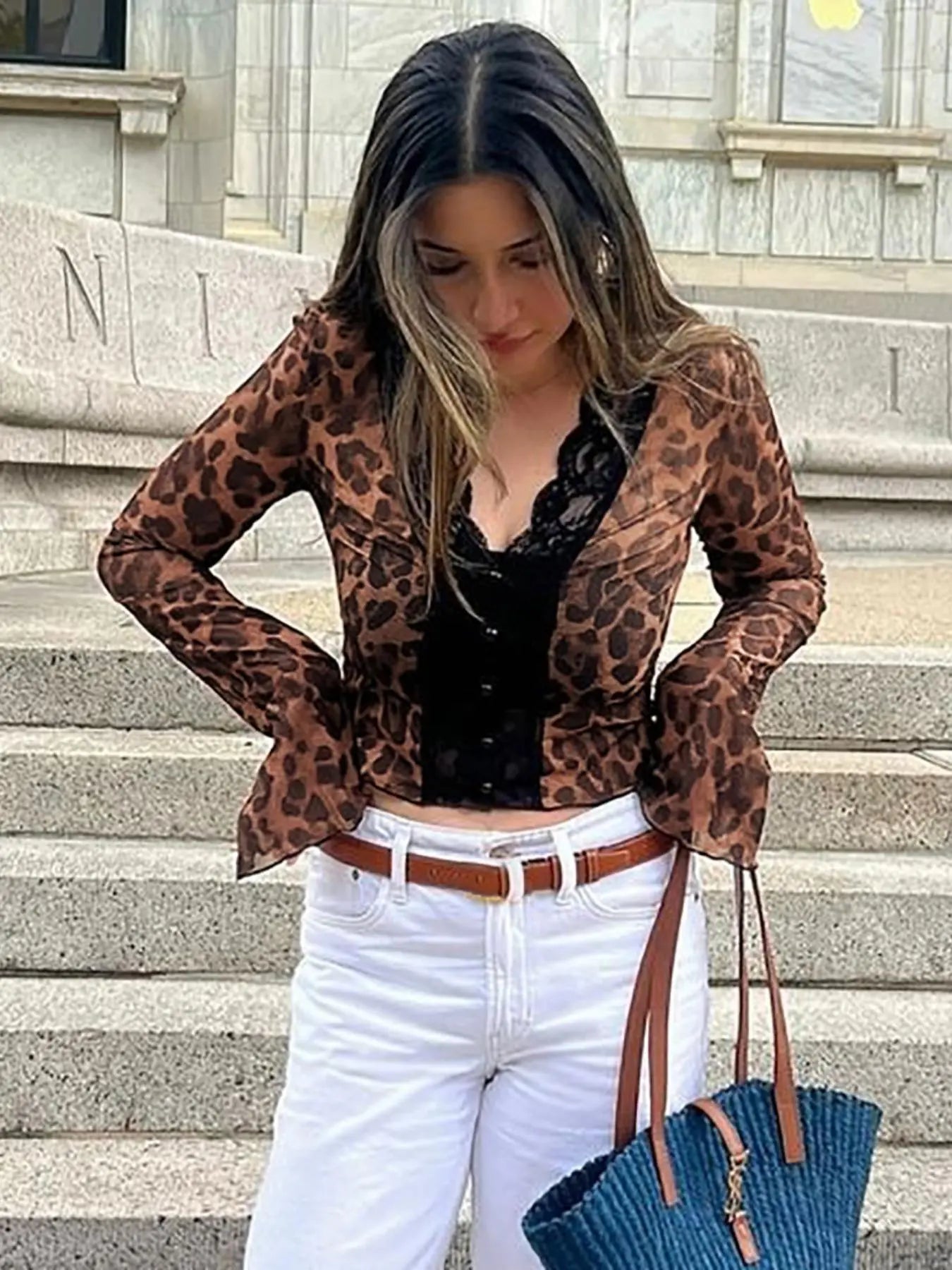 Leopard Print Mesh See-Through Long Sleeve T-Shirt, Streetwear Casual Chic Elegant Fitted Crop Top for Women