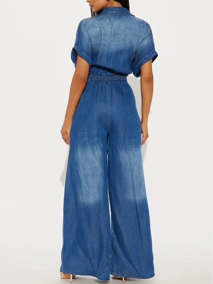 Midiross Casual Bat Sleeve Tie-Waist Tencel Denim Wide-Leg Jumpsuit