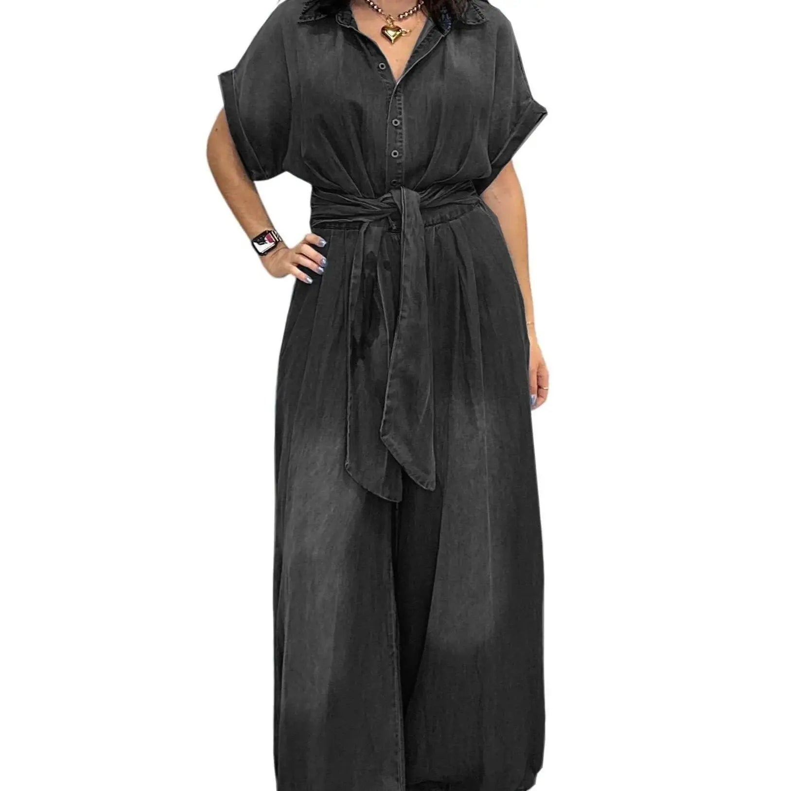 Midiross Casual Bat Sleeve Tie-Waist Tencel Denim Wide-Leg Jumpsuit