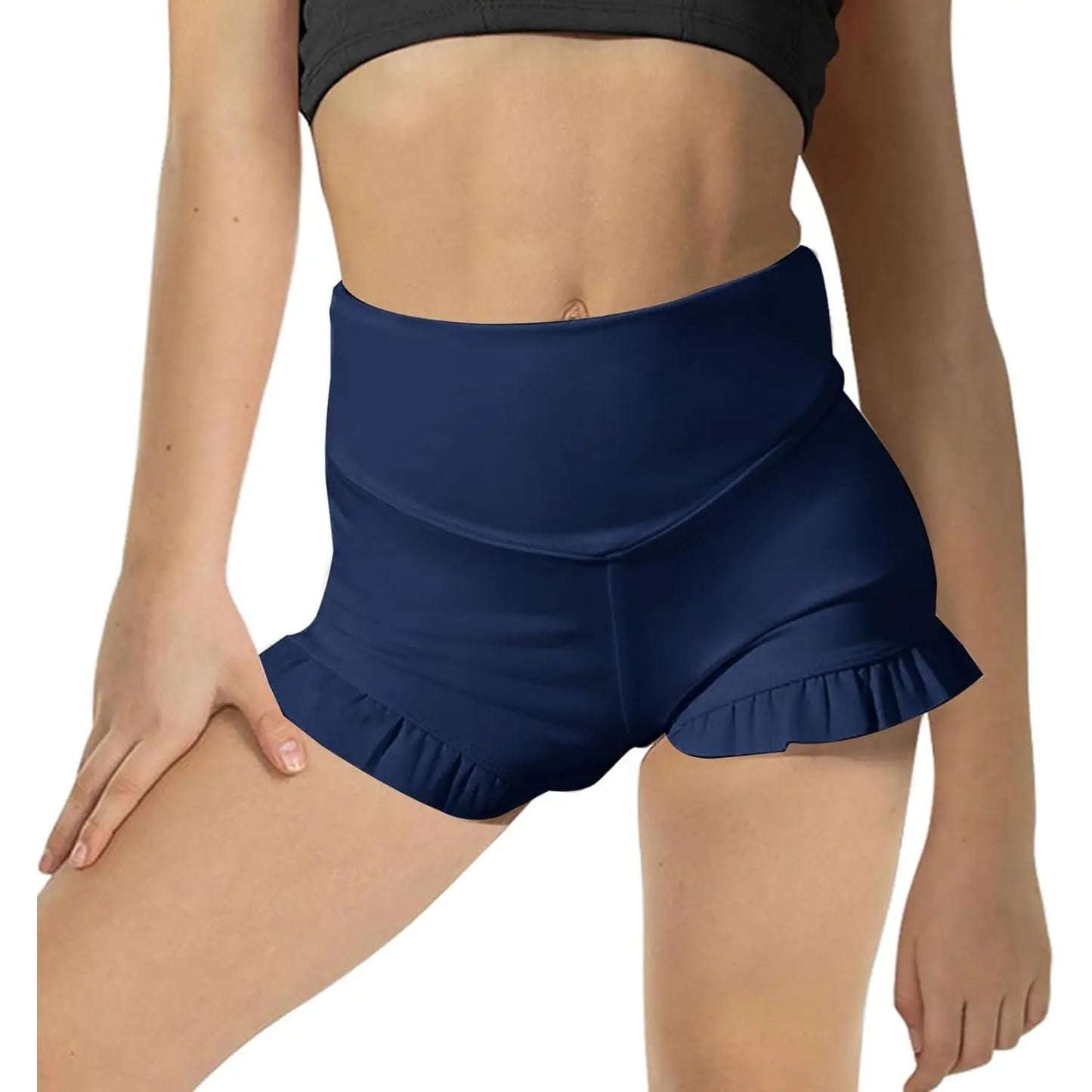 Girls Athletic High Waisted Ruffle Shorts - Comfy Yoga Dance Workout Gymnastics