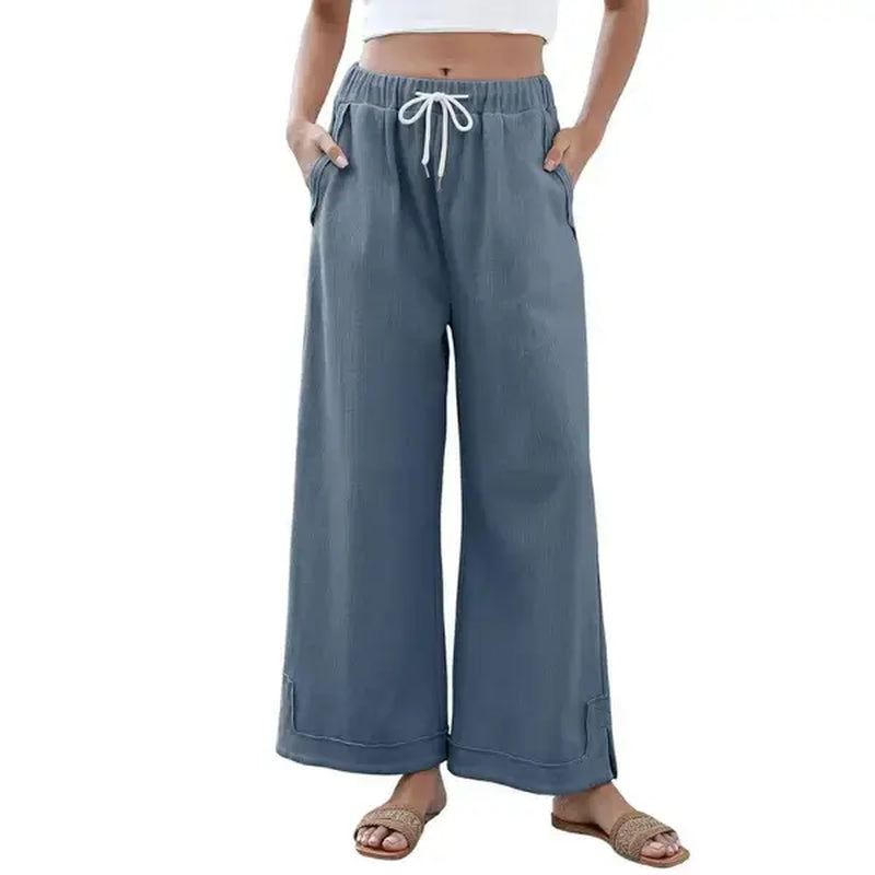 Tanming Women'S Casual Wide-Leg Palazzo Pants Loose Fit Drawstring Waist Elastic Fabric Pockets Side Slit Hem Design Perfect for Relaxed Comfort