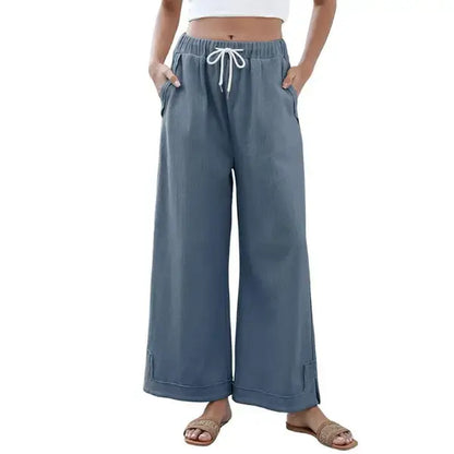 Tanming Women'S Casual Wide-Leg Palazzo Pants Loose Fit Drawstring Waist Elastic Fabric Pockets Side Slit Hem Design Perfect for Relaxed Comfort
