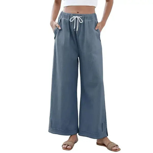 Tanming Women'S Casual Wide-Leg Palazzo Pants Loose Fit Drawstring Waist Elastic Fabric Pockets Side Slit Hem Design Perfect for Relaxed Comfort