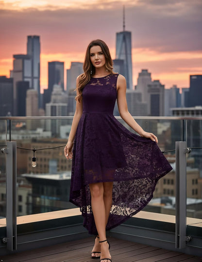 Wedding Guest Dress for Women Sleeveless Tank Strap Floral Lace Hi-Lo Cocktail Dresses for Evening Party