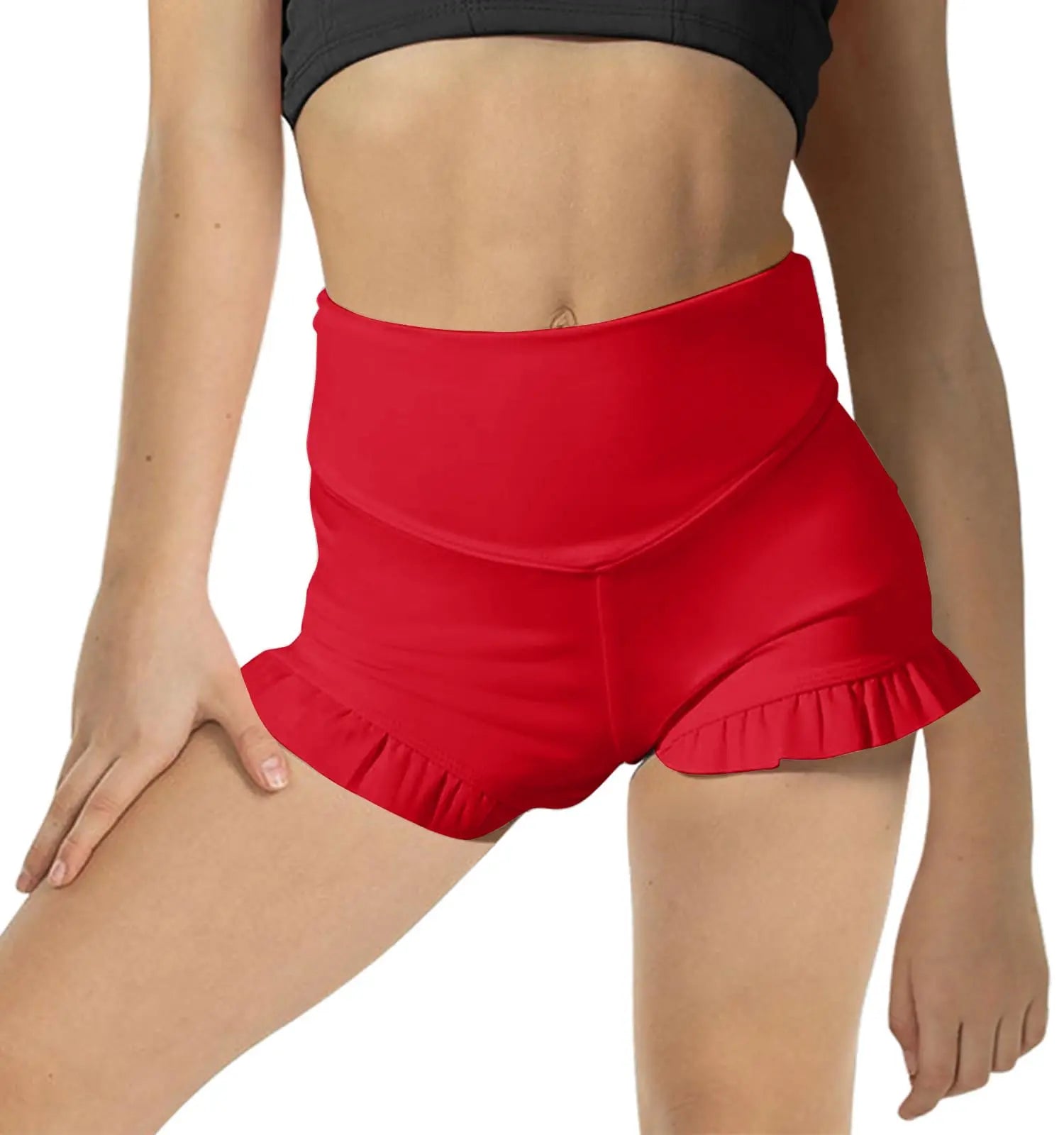 Girls Athletic High Waisted Ruffle Shorts - Comfy Yoga Dance Workout Gymnastics