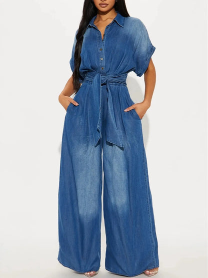 Midiross Casual Bat Sleeve Tie-Waist Tencel Denim Wide-Leg Jumpsuit