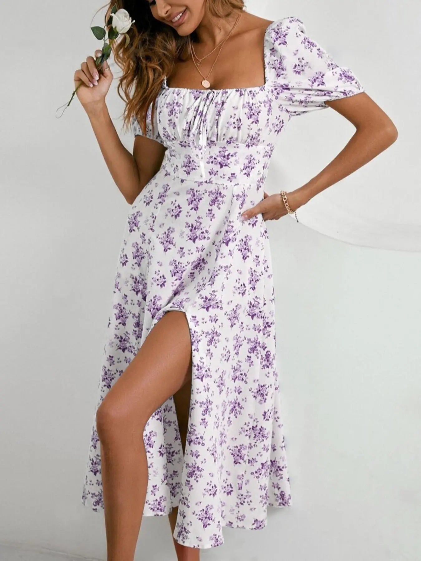 Women'S Ditsy Floral Print Split Thigh Dress, Boho Puff Sleeve Square Neck a Line Dress, Summer Outfits 2024 for Beach Vacation